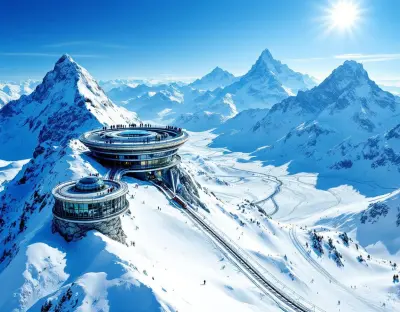 Panoramic view from the Sphinx platform at Jungfraujoch with the Aletsch Glacier stretching endlessly under a bright blue sky
