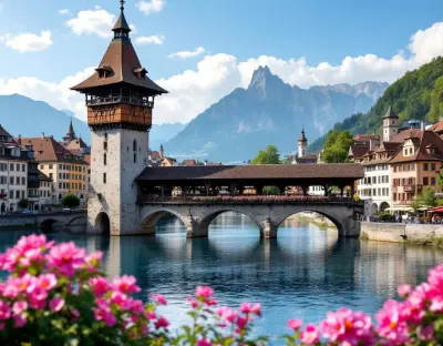 The medieval covered Chapel Bridge of Lucerne illuminated at dusk with the Water Tower and Lake Lucerne in the background