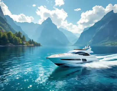 A white yacht sailing on the crystal-clear waters of Lake Lucerne with the snow-capped Mount Pilatus dominating the horizon