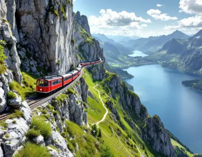 The red cogwheel railway of Pilatus clinging to the sheer rock face with Lake Lucerne far below