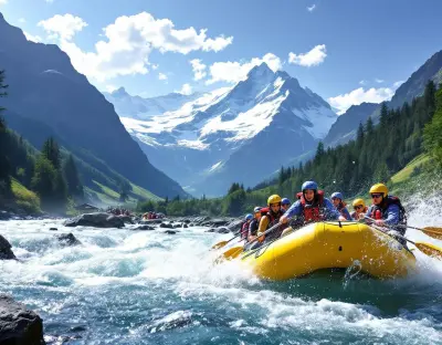 Raft on the Lütschine river with the Bernese Alps in the background