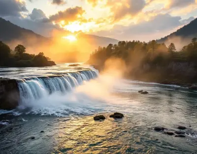 The Rhine Falls bathed in golden dawn light with pearly mist rising from the crashing water and Laufen Castle in the background