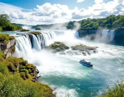 The Rhine Falls seen head-on with Laufen Castle in the background and visitors on boats approaching the central rock