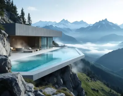 Outdoor pool at Rigi Kaltbad spa with panoramic view of the Swiss Alps