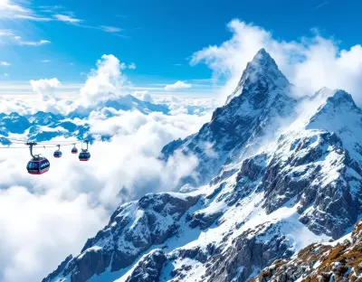 The Rotair cable car of Mount Titlis soaring above the glacier with the snow-capped Swiss Alps in the background